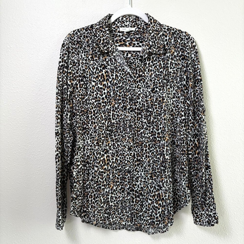 Beach Lunch Lounge Top Size L Brown Black Gray Animal Print Button Up Split Neck